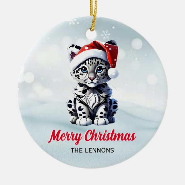 Snowy Christmas Santa Niedlich Snow Leopard Cub Keramik Ornament (Vorne)