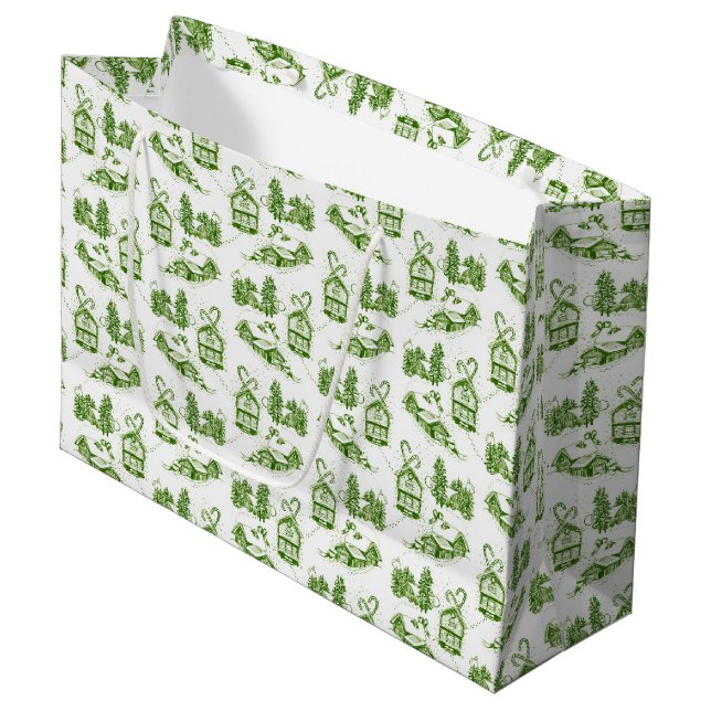 Snowy Christmas Toile | Green Small Gift Bag Große Geschenktüte (Vorderseite Schrägansicht)