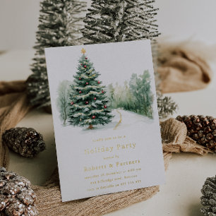 Snowy Christmas Trees Gold Foil Weihnachtsfest Par Folieneinladung