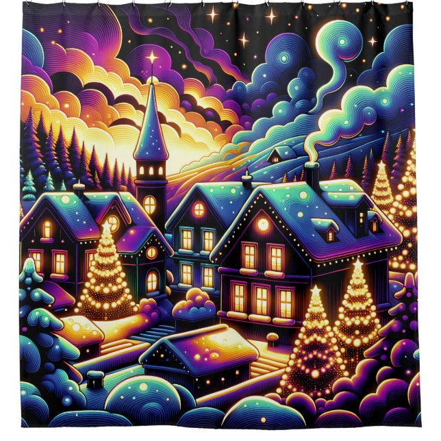 "Snowy Christmas Village at Night" Duschvorhang (Vorderseite)