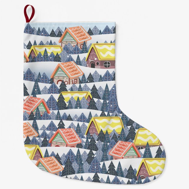 Snowy Christmas Village Pattern Großer Weihnachtsstrumpf (Vorderseite)