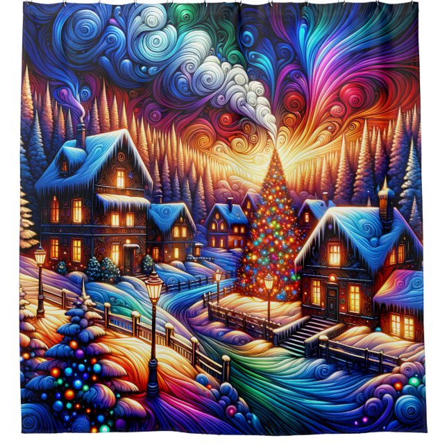 "Snowy Christmas Wonderland - Vibrant Holiday Art" Duschvorhang (Vorderseite)
