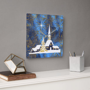 Snowy Church Christmas Clock Quadratische Wanduhr