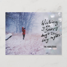 Snowy Days Cosy Nights Script Bokeh Holiday Foto Feiertagspostkarte