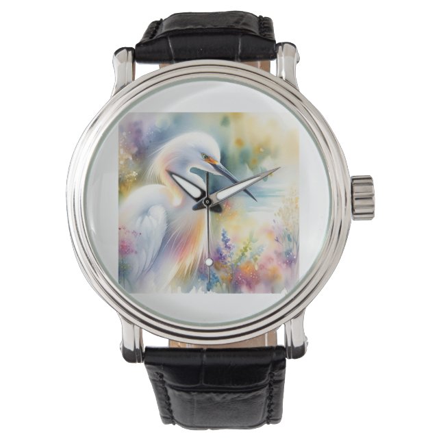 Snowy Egret 180724AREF115 - Watercolor Armbanduhr (Vorderseite)