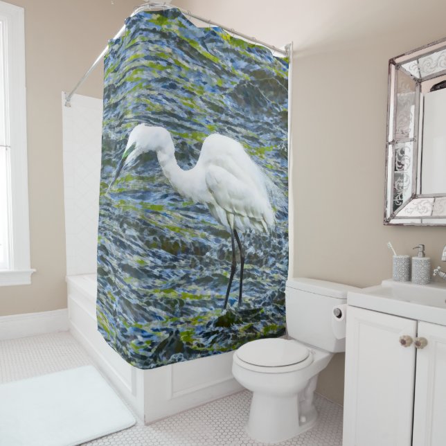 Snowy Egret mit Blue & Green Lake Fraktal Art Duschvorhang (Beispiel)