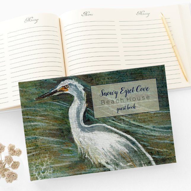 Snowy Egret Shorebird Beach House Gästebuch (Gorgeous Egret Shorebird Wading Water Guest Book from Jenn's Emporium. )