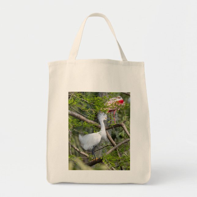 Snowy Egret und Roseate Spoonbill Tote Bag Tragetasche (Vorne)