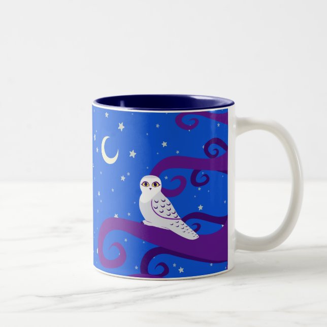 Snowy-Eulen-sichelförmige Mond-Nachtwaldkunst Zweifarbige Tasse (Rechts)