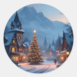 Snowy Eve In The Square - Runder Aufkleber