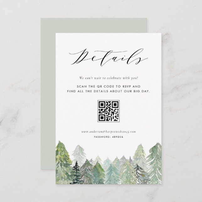 Snowy Evergreen Forest QR Code Hochzeitsdetails Begleitkarte (Vorne/Hinten)