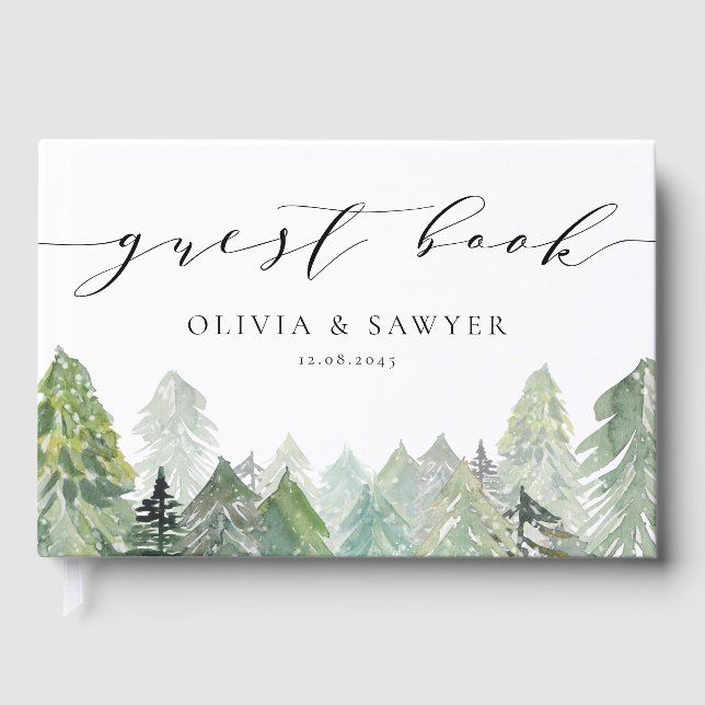 Snowy Evergreen Forest Script Winter Wedding Gästebuch (Vorderseite)