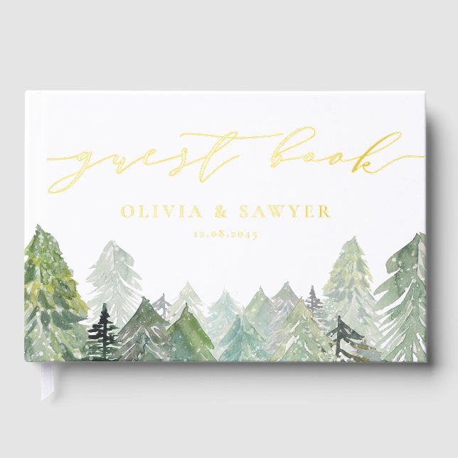 Snowy Evergreen Forest Script Winter Wedding Gästebuch (Vorderseite)