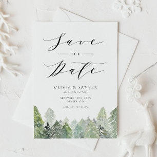 Snowy Evergreen Forest Winter Save the Date Ankündigungspostkarte