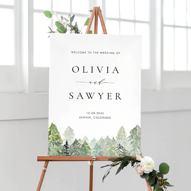 Snowy Evergreen Forest Winter Wedding Willkommen Poster (Winter wedding sign featuring watercolor evergreen forest with falling snow.)