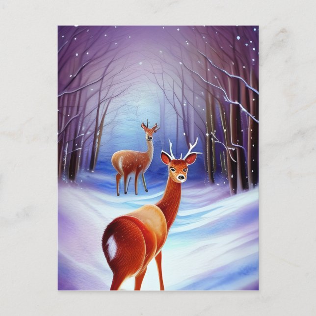 Snowy Fairytale Landschaft mit Hirschjagd Feiertagspostkarte (Vorderseite)