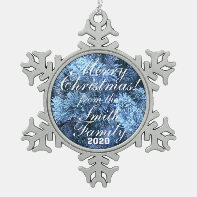 Snowy Family Gruß Weihnachtsschmuck Schneeflocken Zinn-Ornament (Vorderseite)