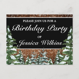 Snowy Forest Birthday Black Einladung Postcard