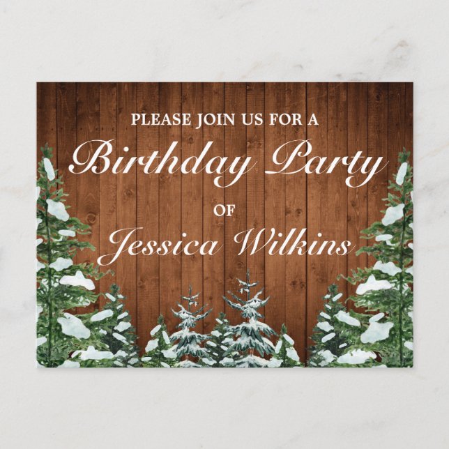 Snowy Forest Birthday Party Einladung Postkarte (Vorderseite)