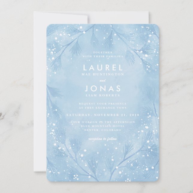 Snowy Forest Blue Winter Wedding Einladungen (Vorderseite)