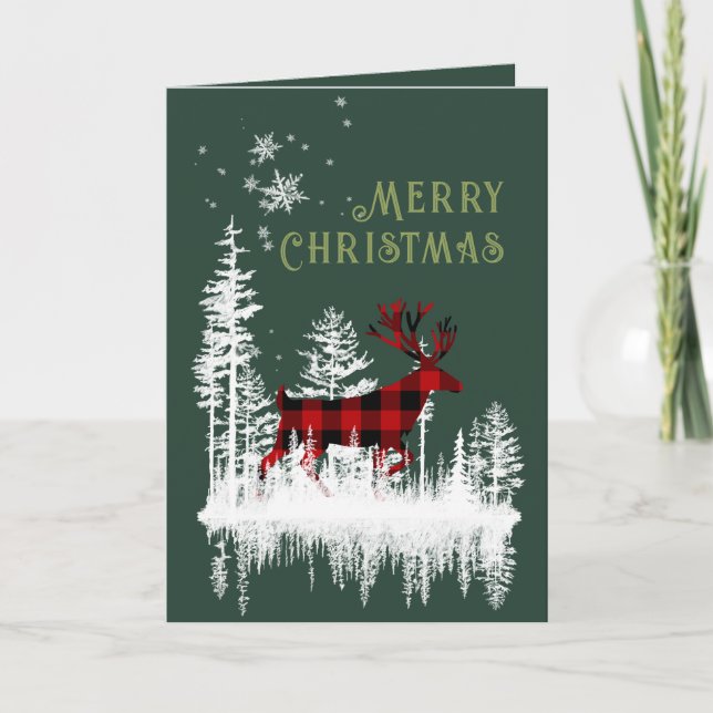 Snowy Forest Buffalo Kariert Stag Frohe Weihnachts Feiertagskarte (Vorderseite)
