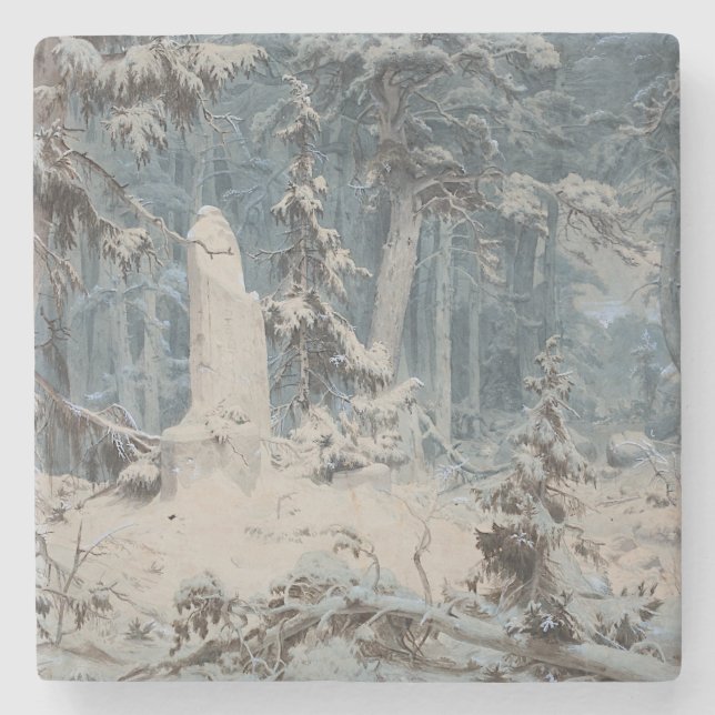 Snowy Forest im Winter (von Andreas Achenbach) Steinuntersetzer (Vorderseite)
