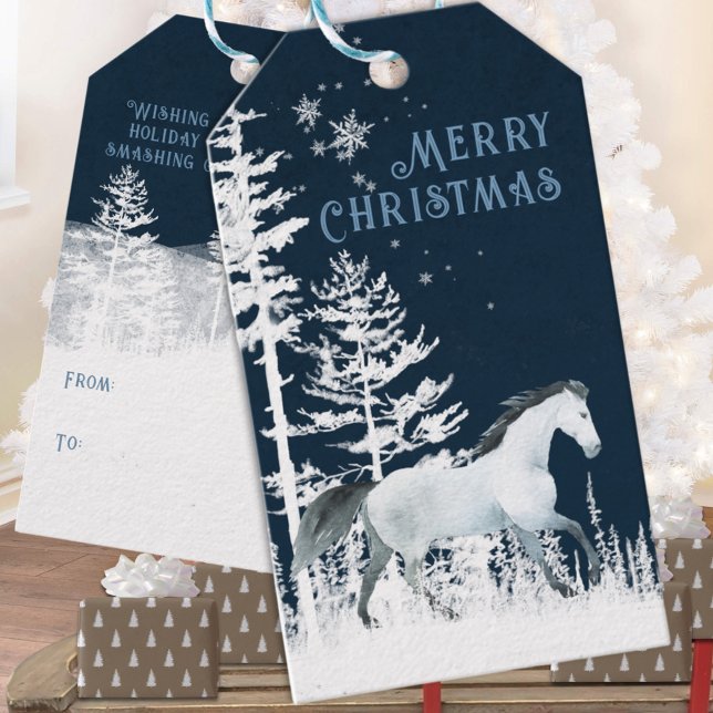 Snowy Forest Wild White Horse Frohe Weihnachten Geschenkanhänger (Snowy Forest Wild White Horse Merry Christmas Holiday Gift Wrapping Name Tag
)