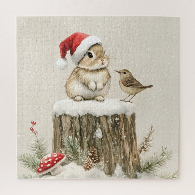 Snowy Forest Winter Woodland Christmas Bunny Bird  Puzzle (Vertikal)