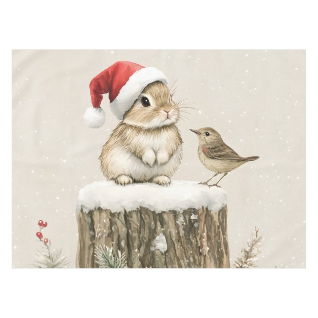 Snowy Forest Winter Woodland Christmas Bunny Bird  Tischdecke (Vorderseite (Horizontal))