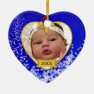 Snowy-Foto des Babys blaues 1. Weihnachts Keramik Ornament