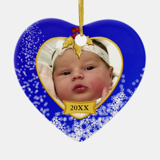 Snowy-Foto des Babys blaues 1. Weihnachts Keramik Ornament (Vorne)