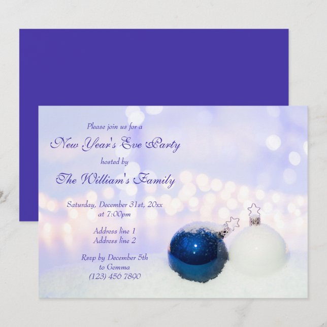 Snowy Funkelnd Baubles Silvester Party Einladung (Vorne/Hinten)