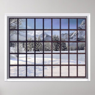 Snowy-GebirgsImitat-Winter-Szenen-Fenster Poster