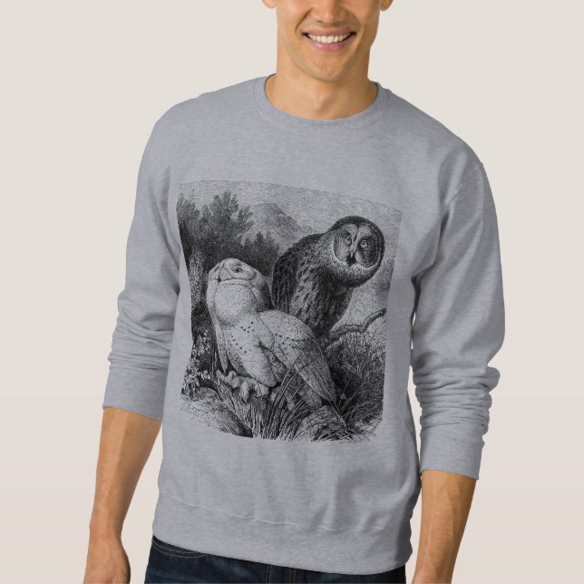 Snowy - gehörnte Eulen-Vintager hölzerner Stich Sweatshirt (Vorderseite)