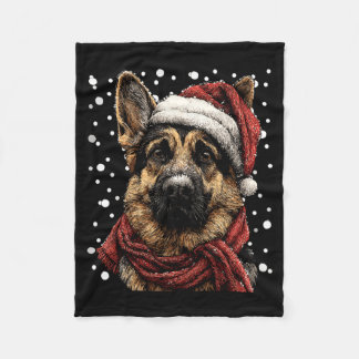 Snowy German Shepherd With Santa Hat Winter Christ Fleecedecke