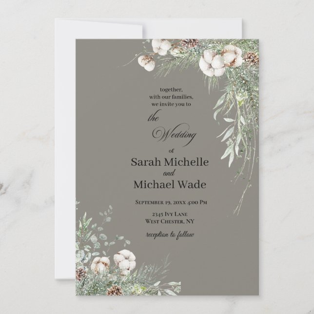 Snowy Greenery Wedding Invitation Einladung (Vorderseite)