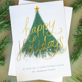 Snowy Happy Holidays Tree Forest Green Foto Gold Folien Feiertagskarte