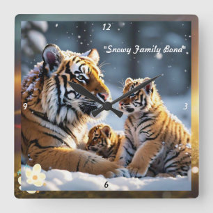 "Snowy Haven for Tiger Family" Quadratische Wanduhr