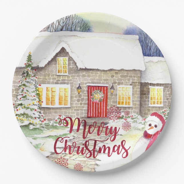 Snowy Hütte Aquarellmalerei Pappteller (Vorderseite)