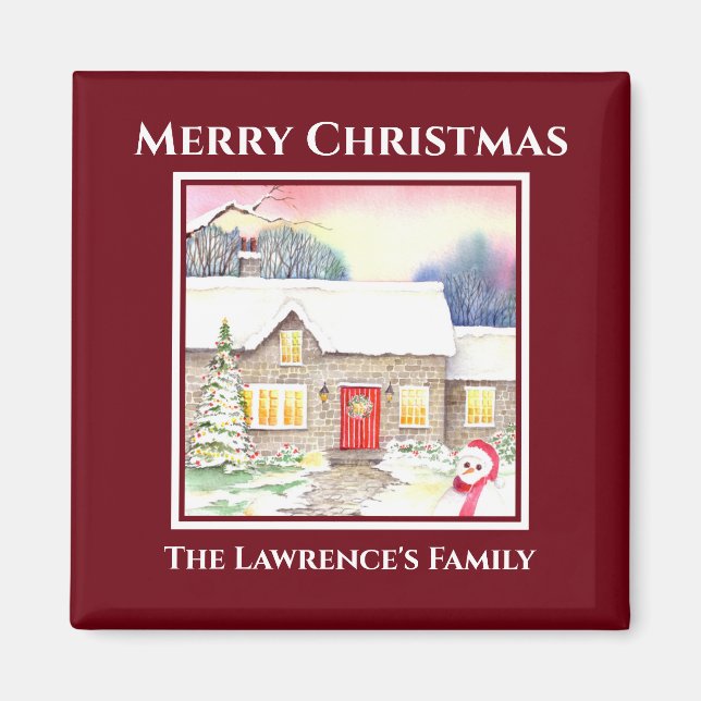 Snowy Hütte Aquarellmalerei Quadrat Roter Rahmen Magnet (Vorne)