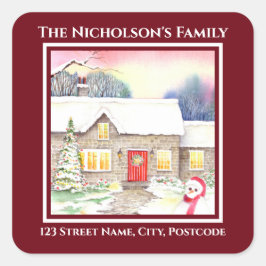 Snowy Hütte Aquarellmalerei Quadrat Roter Rahmen Quadratischer Aufkleber