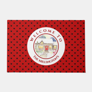 Snowy Hütte Christmas Red Blue Heart Pattern Fußmatte