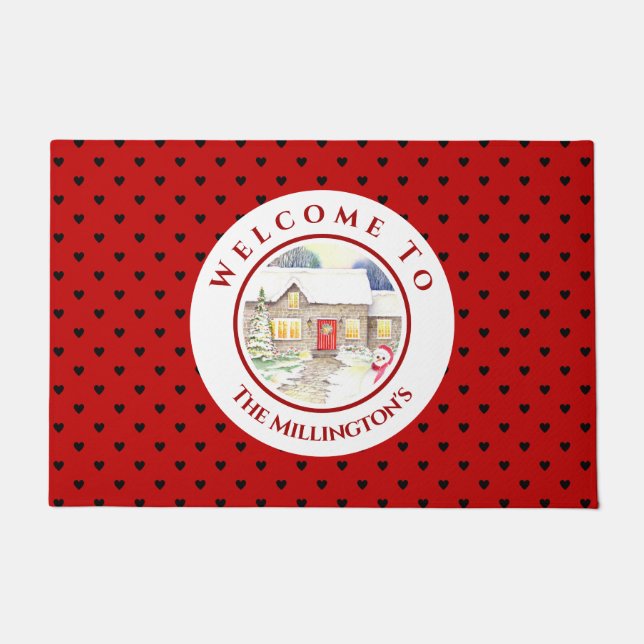 Snowy Hütte Christmas Red Blue Heart Pattern Fußmatte (Vorderseite)