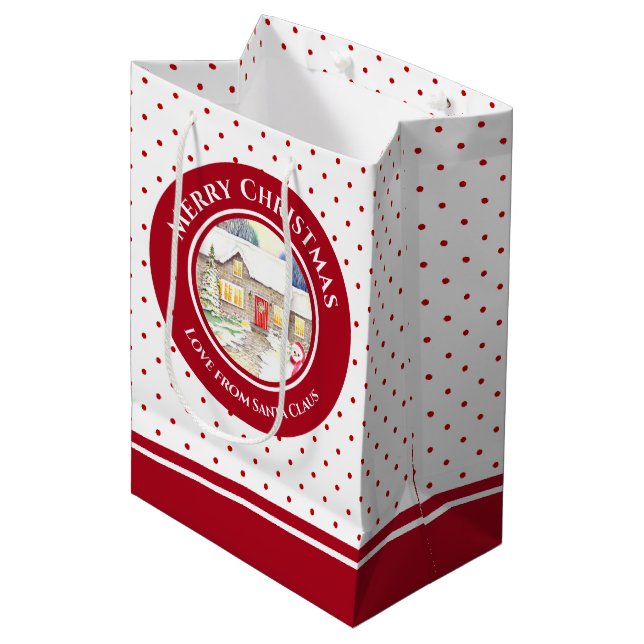 Snowy Hütte Frohe Weihnachten vom Weihnachtsmann Mittlere Geschenktüte (Vorderseite Schrägansicht)