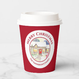 Snowy Hütte Snowman Watercolor Weißer Kreis Pappbecher