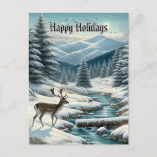 Snowy Landscape with Deer Happy Holidays Postcard Postkarte