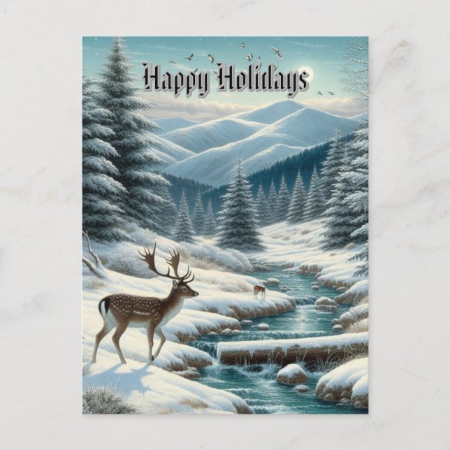 Snowy Landscape with Deer Happy Holidays Postcard Postkarte (Vorderseite)
