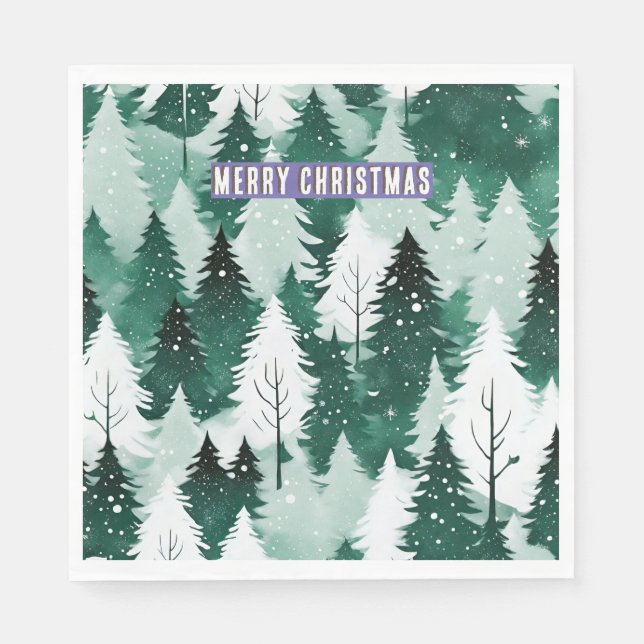 Snowy Landschaft Evergreen Forest Frohe Weihnachte Serviette (Vorderseite)