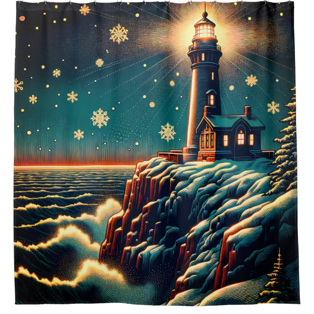 "Snowy Lighthouse on Cliff" Duschvorhang (Vorderseite)