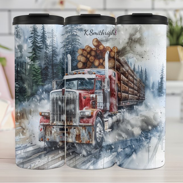 Snowy Log Truck Winter Haul Thermosbecher (Von Creator hochgeladen)